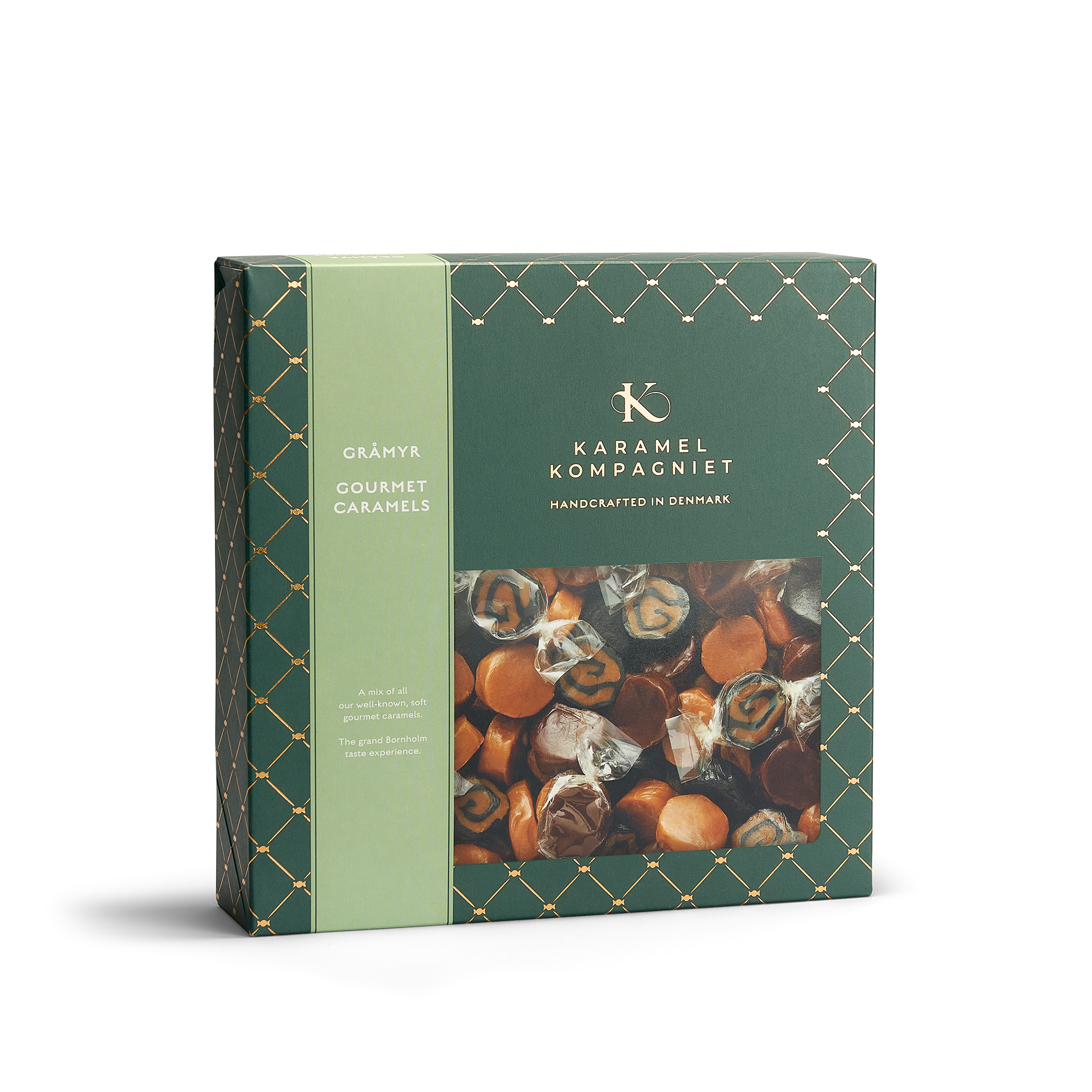 Forsiden af en Æske Gråmyr Gourmet Karameller fra Karamel Kompagniet