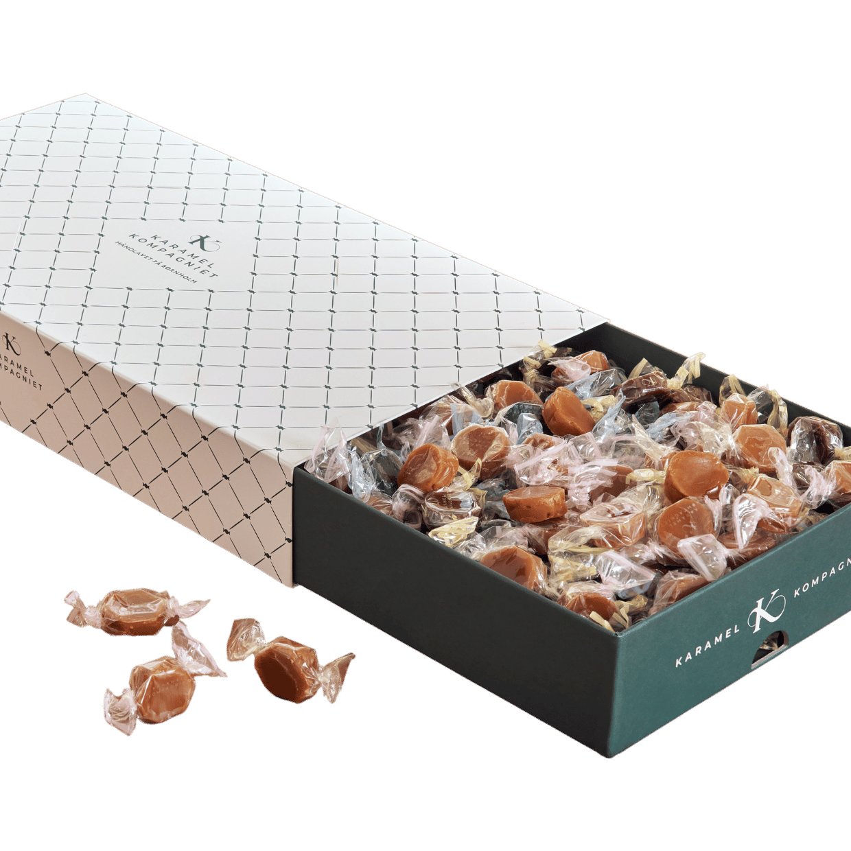 Over 1 kg gourmet Karamelblanding i stor åben Q8 æske