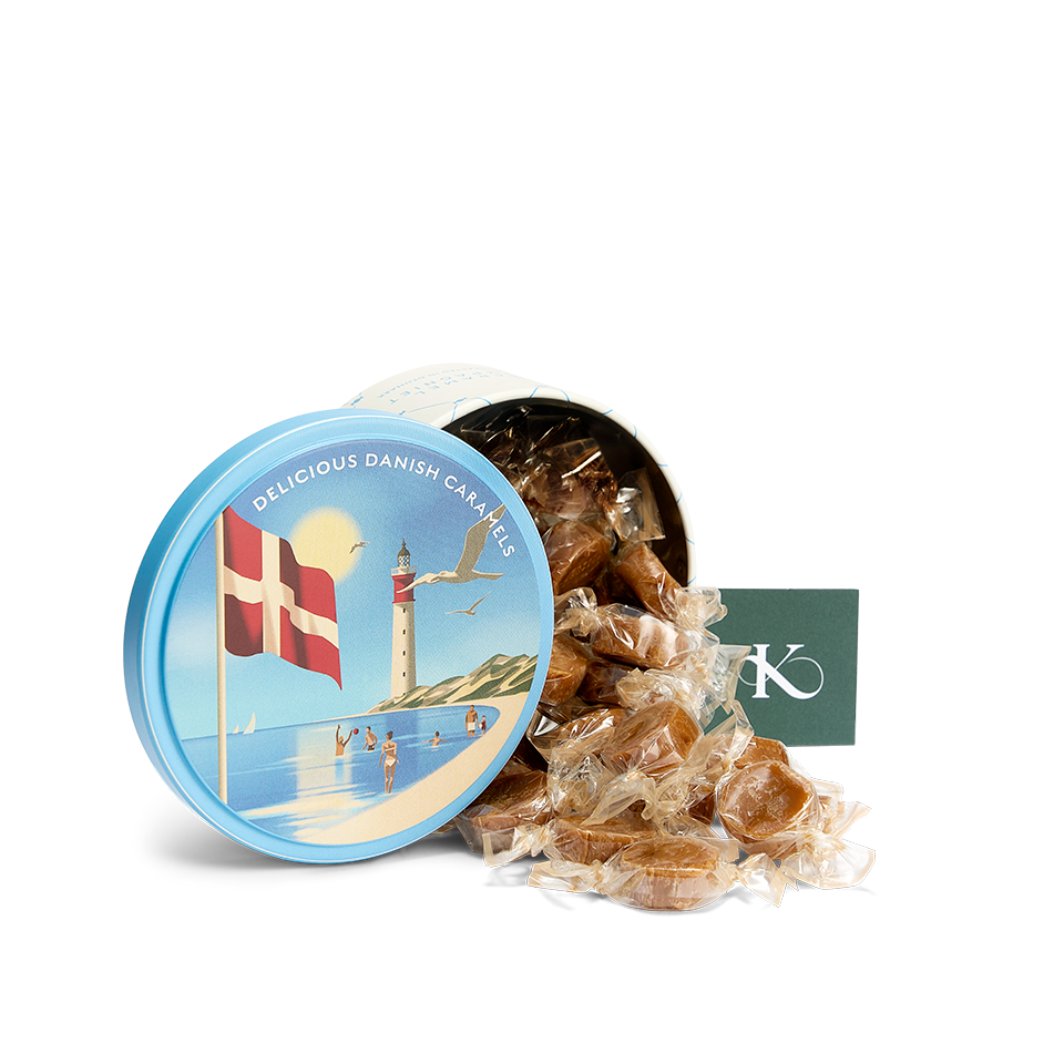 Summertime - Flødekarameller med Sydesalt åben og oprejst dåse uden baggrund